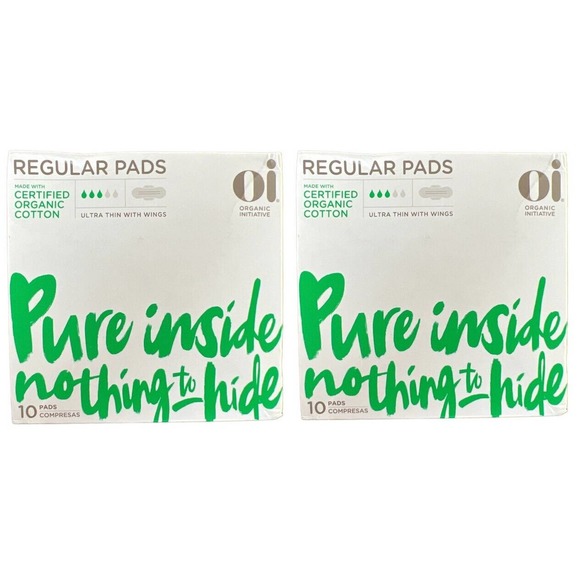 2 Pack Oi Organic Cotton Ultra Thin Super Pads with Wings 10 Ct Each - Picture 1 of 3